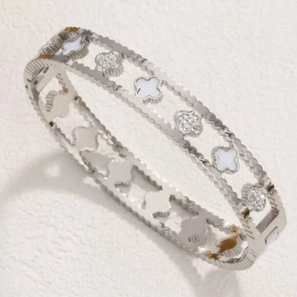 Stainless Steel Silver Tone Clover Bangle, Pearl White, Simulated Diamond - Picture 1 of 9